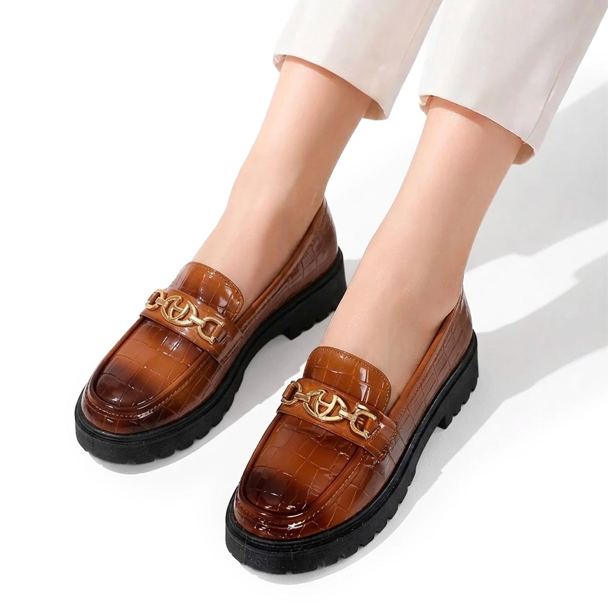 Women's Glossy Chunky Loafers Faux-Crocodile Mila