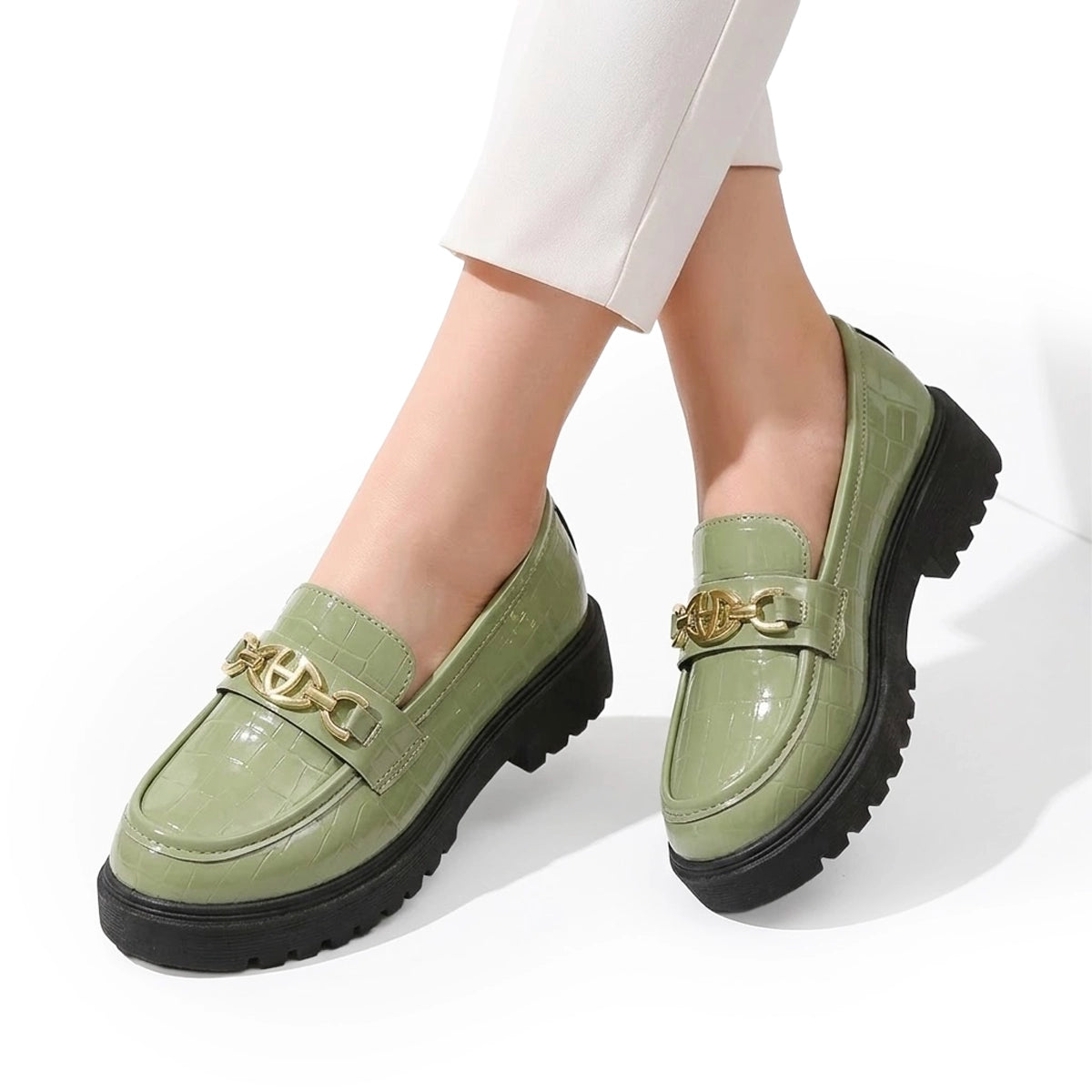Women's Glossy Chunky Loafers Faux-Crocodile Mila