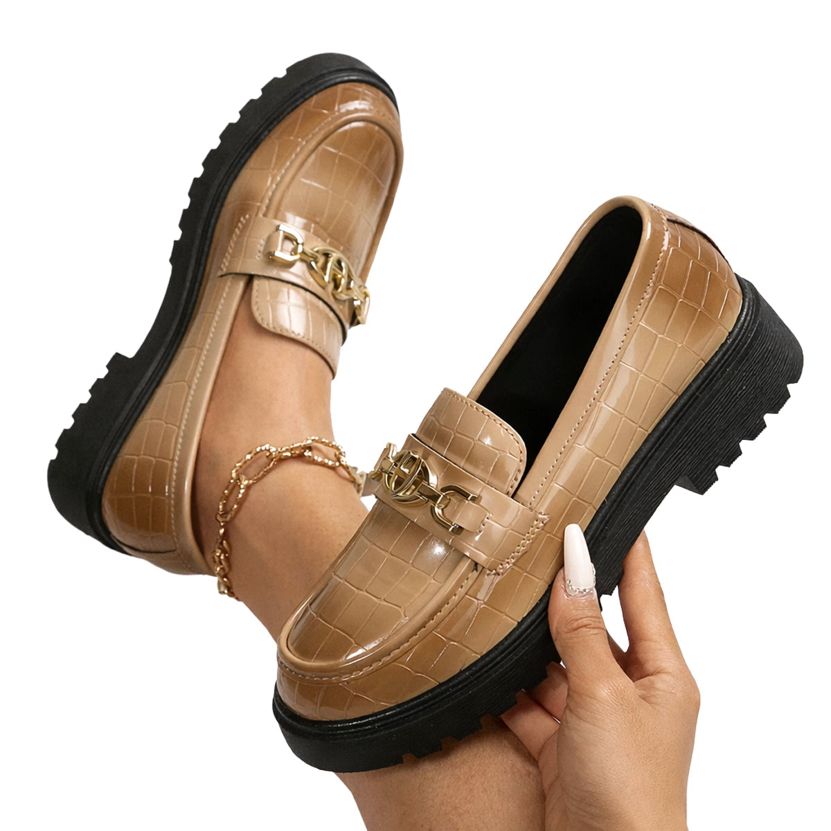 Women's Glossy Chunky Loafers Faux-Crocodile Mila